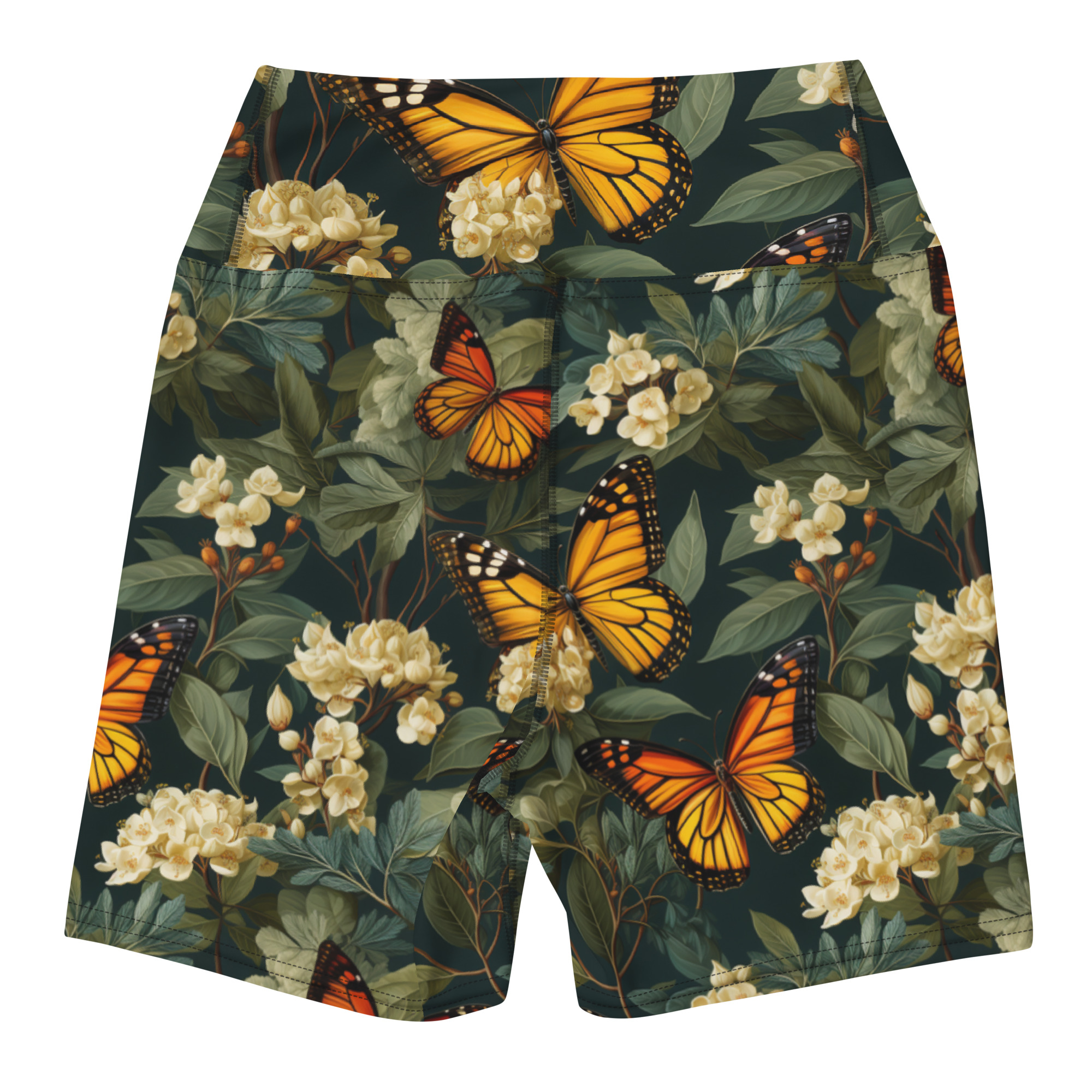 Monarch Butterflies & White Flowers Yoga Shorts - Image 4
