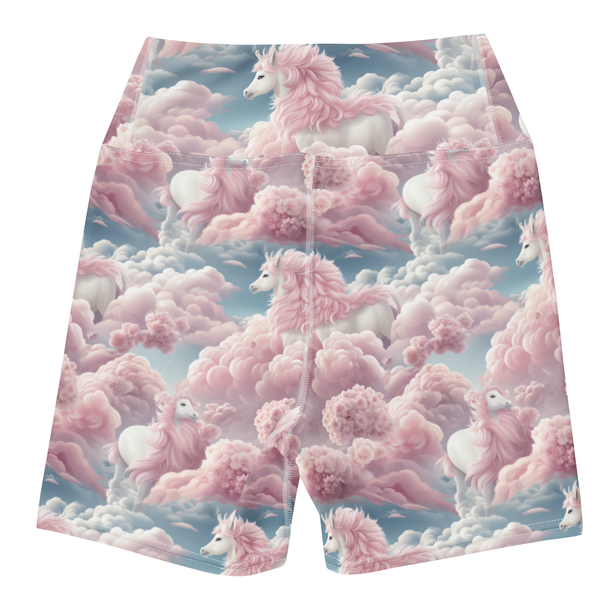 White Fluffy Horses In The Clouds Yoga Shorts - Image 4