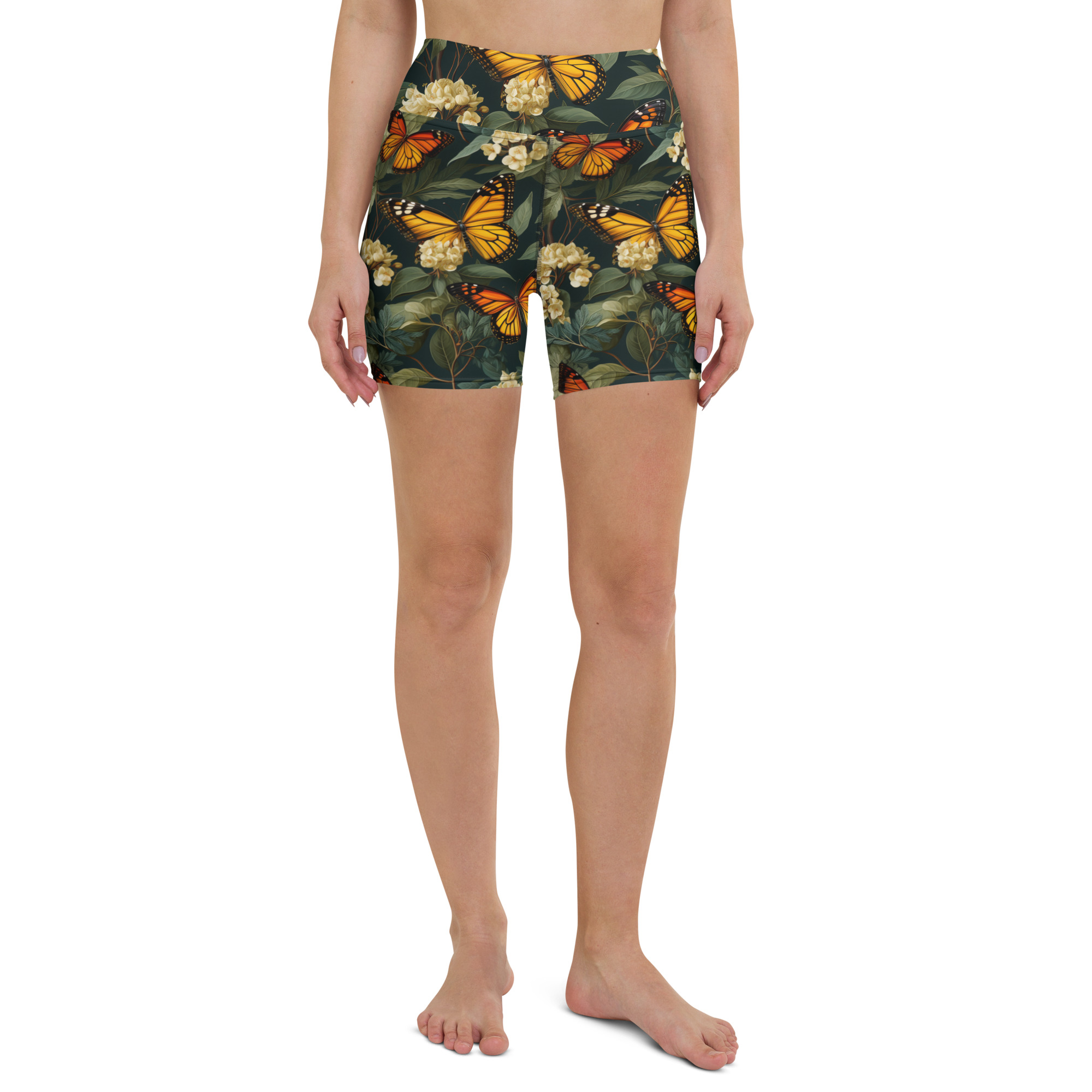 Monarch Butterflies & White Flowers Yoga Shorts - Image 3