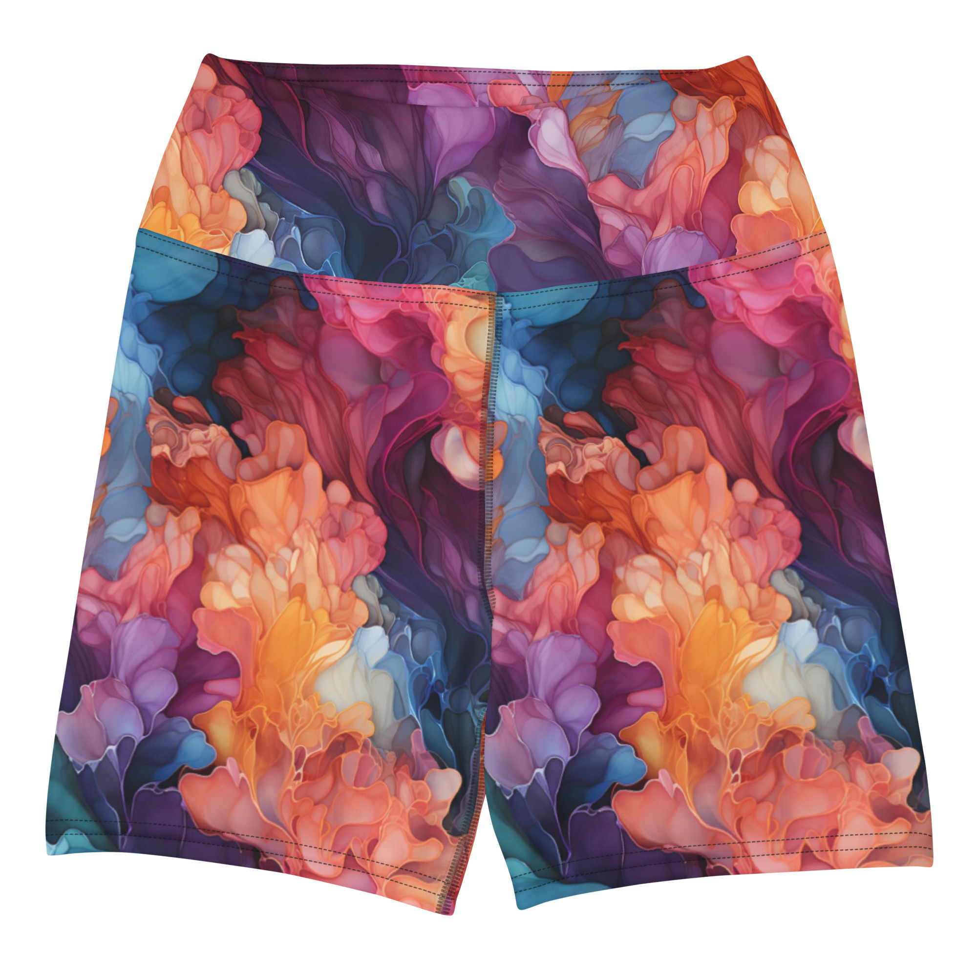 Rainbow Alcohol Ink Waves Yoga Shorts