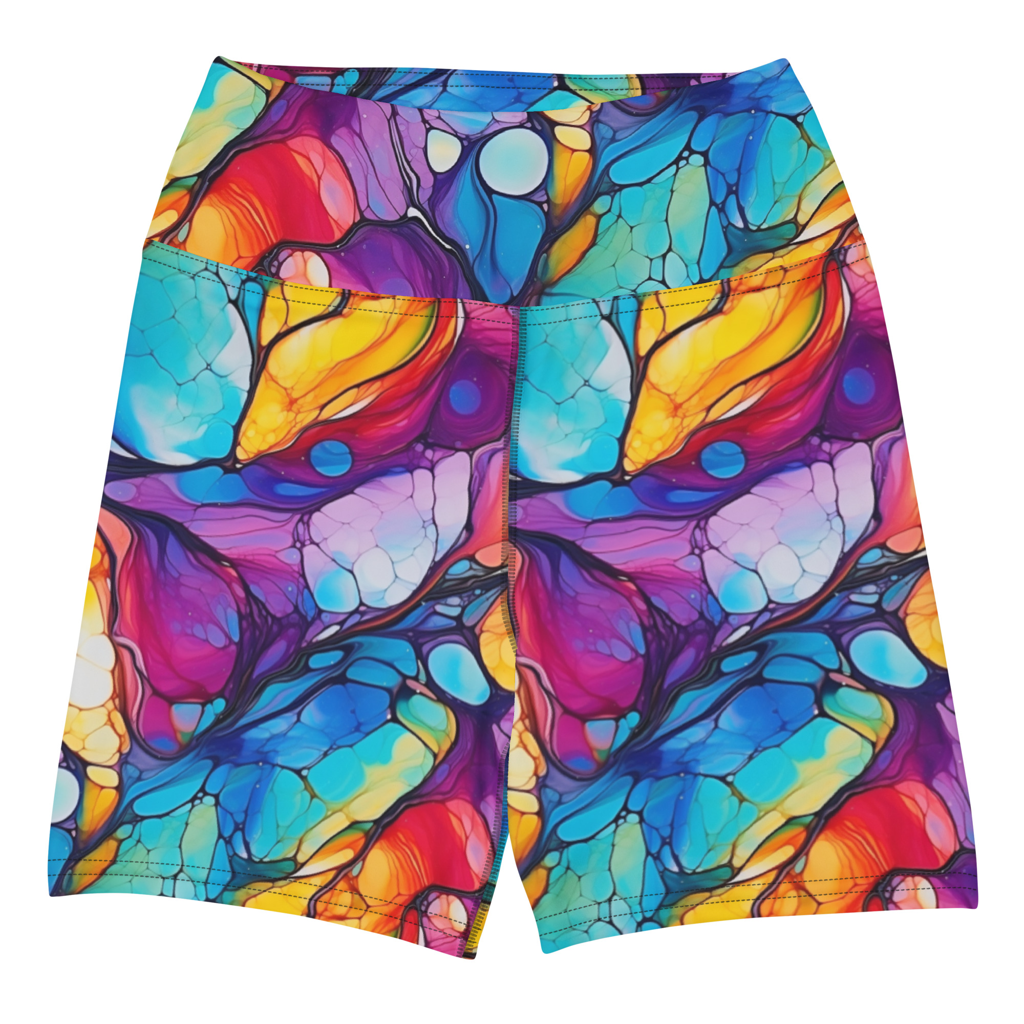 Rainbow Alcohol Ink Swirls Yoga Shorts