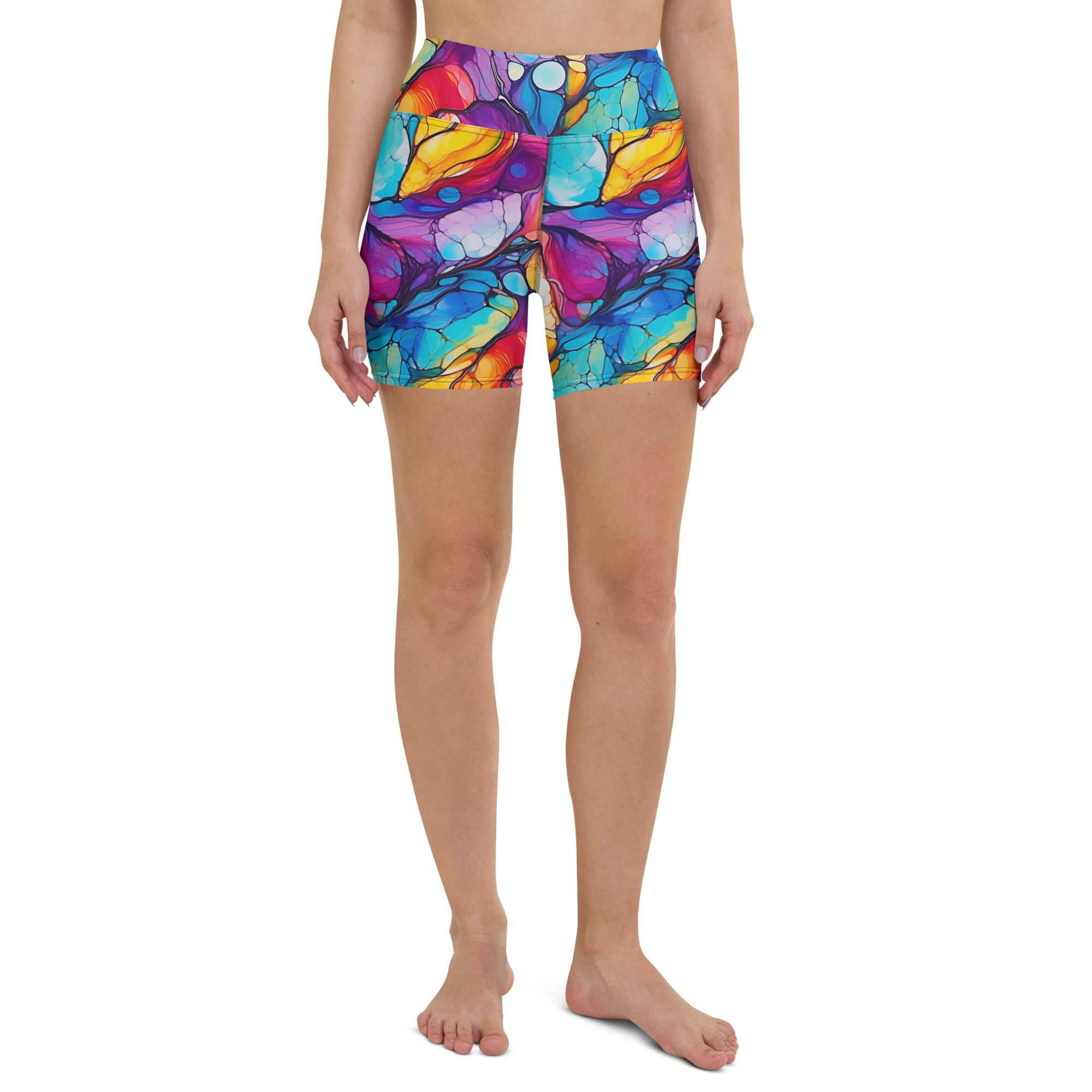 Rainbow Alcohol Ink Swirls Yoga Shorts - Image 3