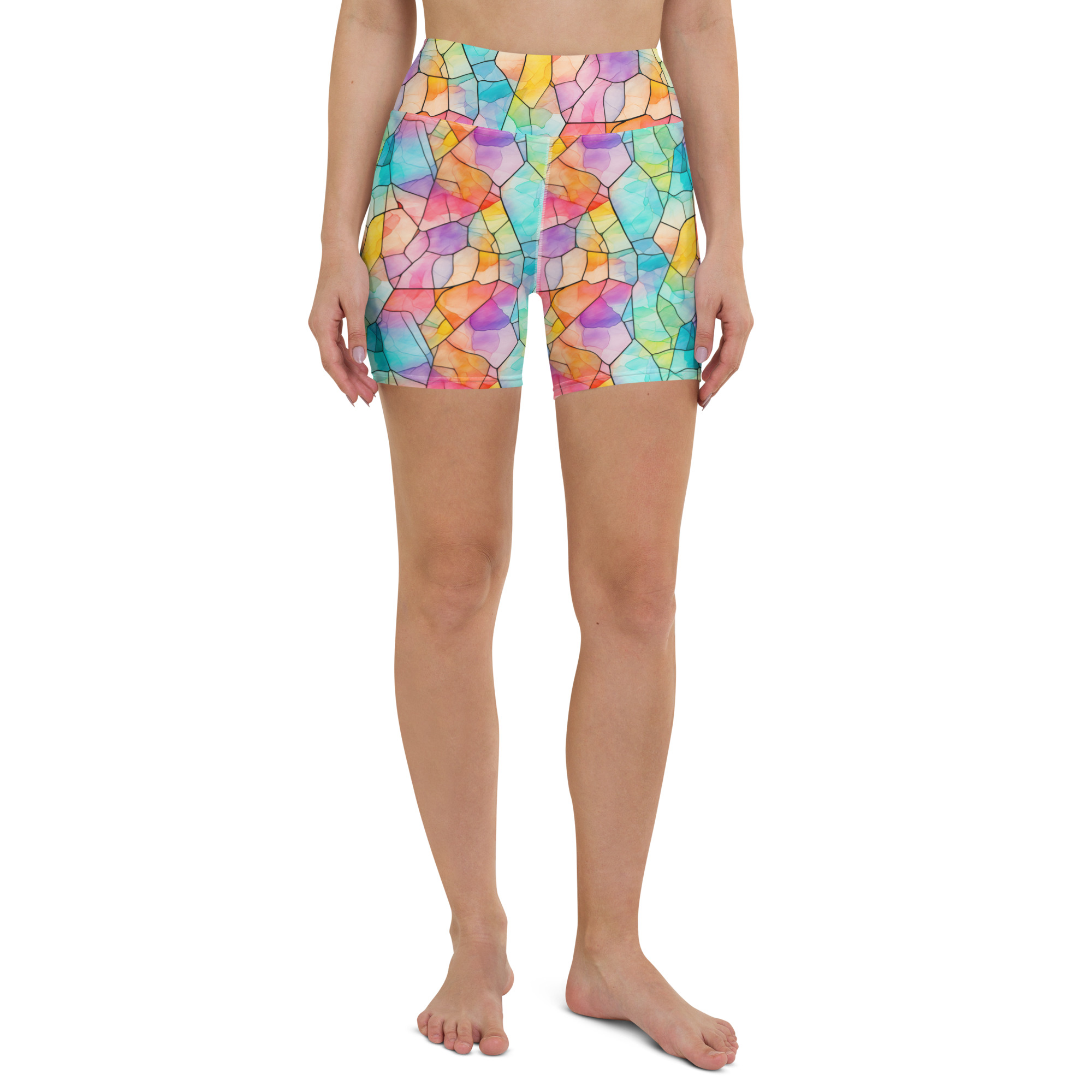 Pastel Rainbow Stained Glass Yoga Shorts - Image 3