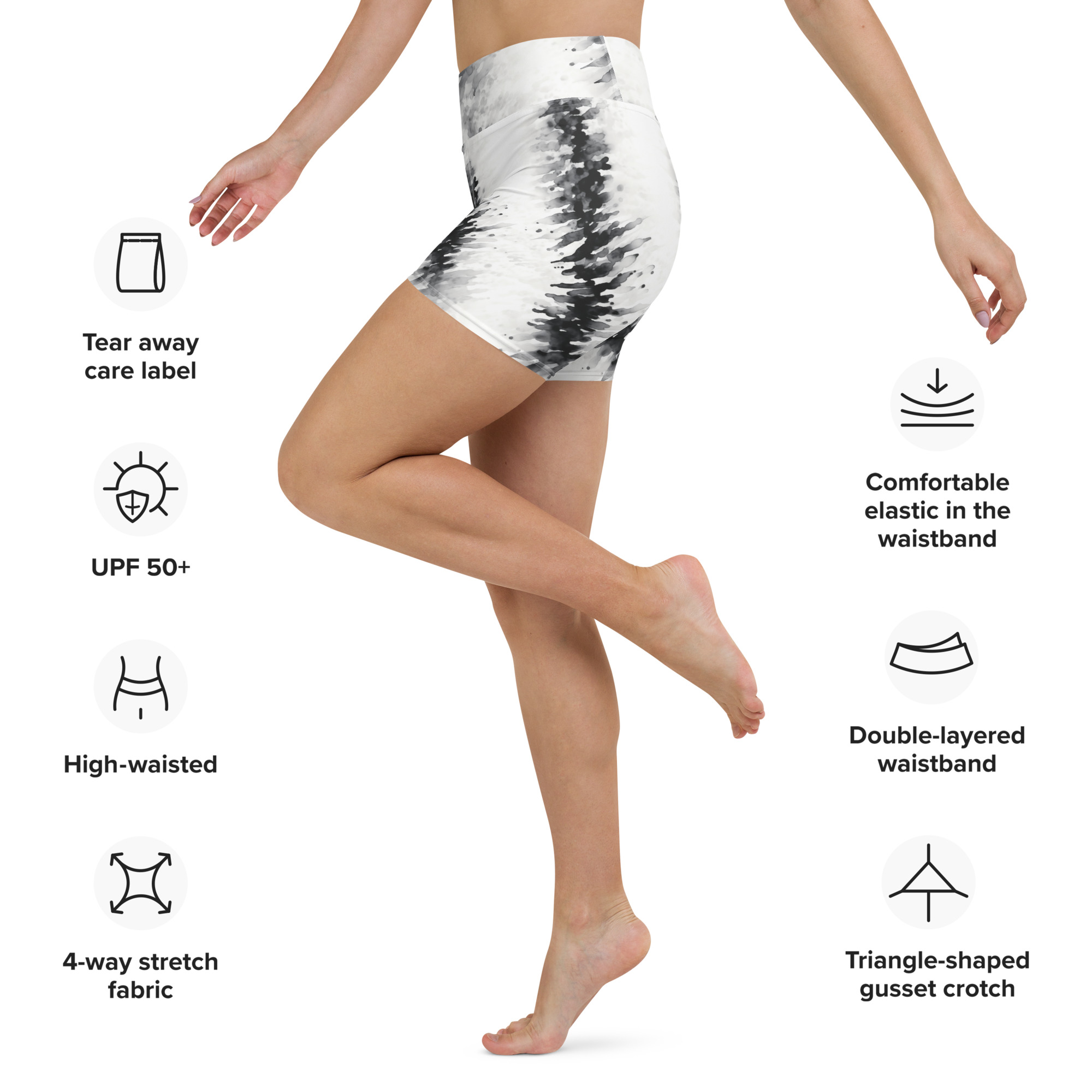 Black & White Diagonal Batik Ink Stripes Yoga Shorts - Image 2