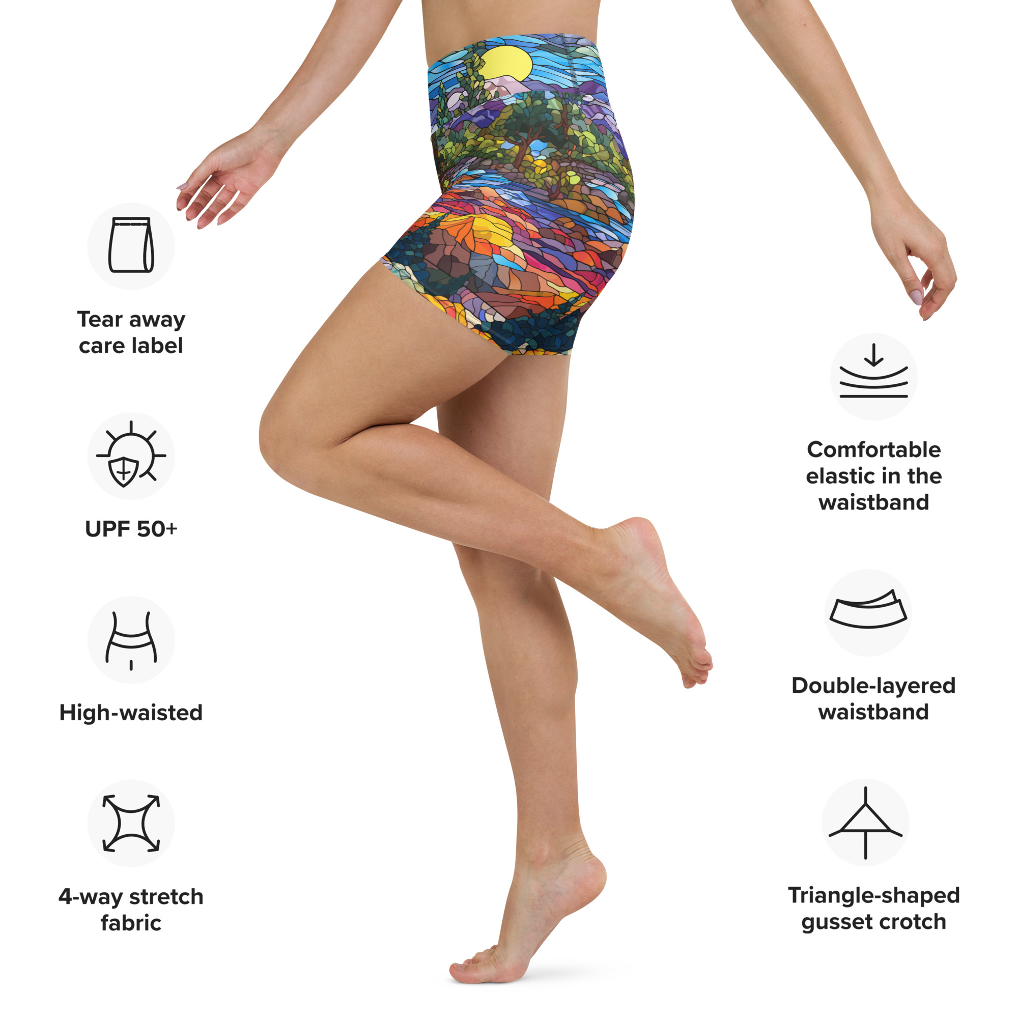 Stained Glass Mountain Sunset Yoga Shorts - Image 2