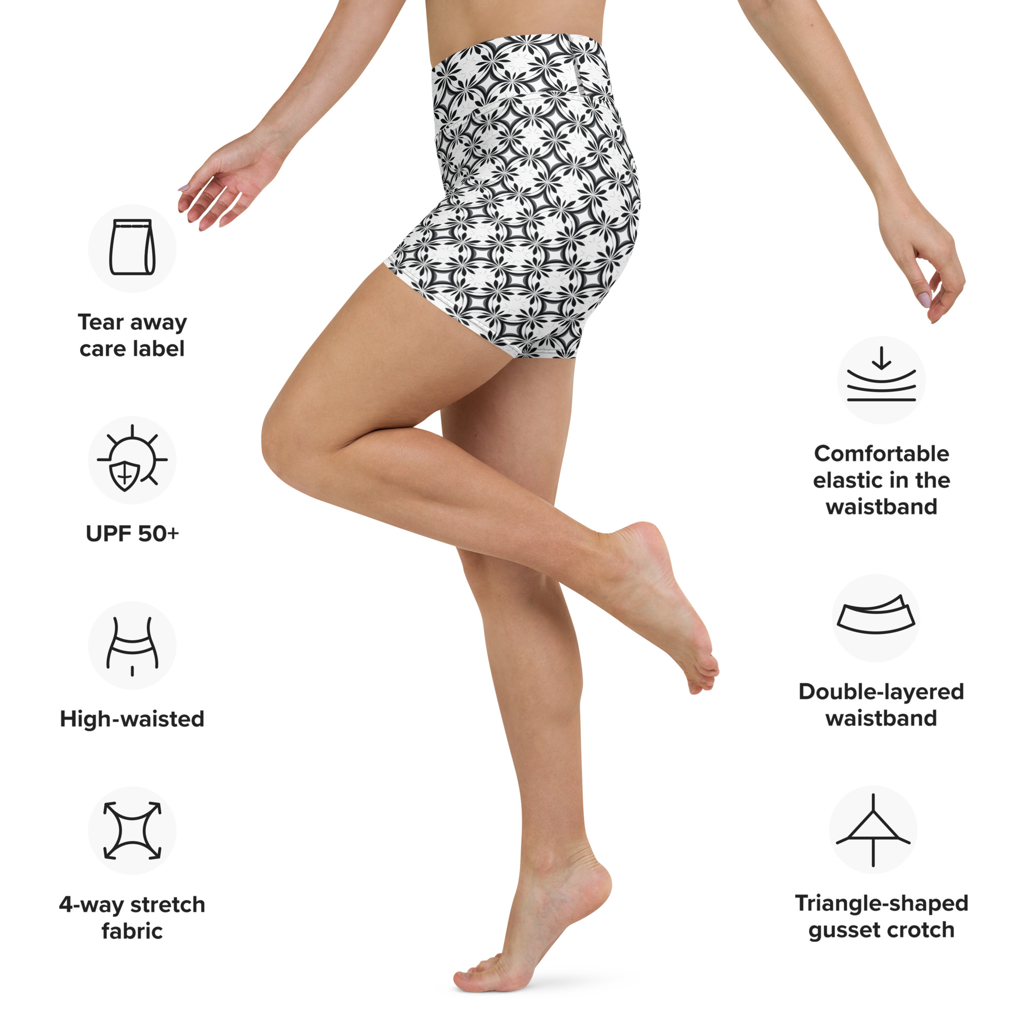 Black & White Retro Tile Yoga Shorts - Image 2